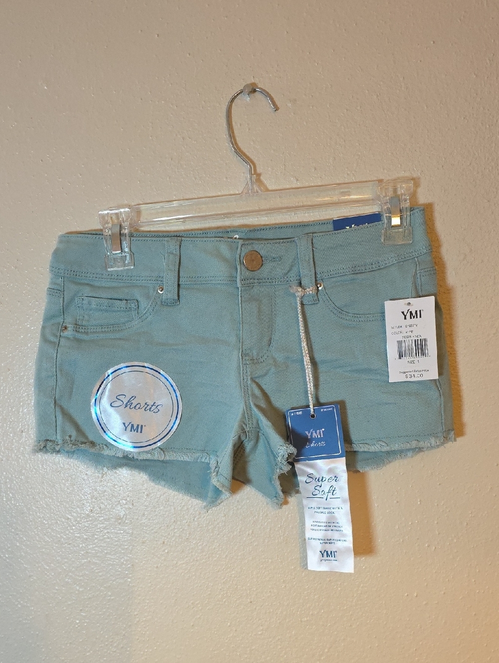 YMI Women's Teal Green Raw-Hem Denim Shorts